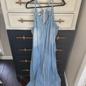 Women’s Light Blue Denim Maxi Dress with Frayed Trim